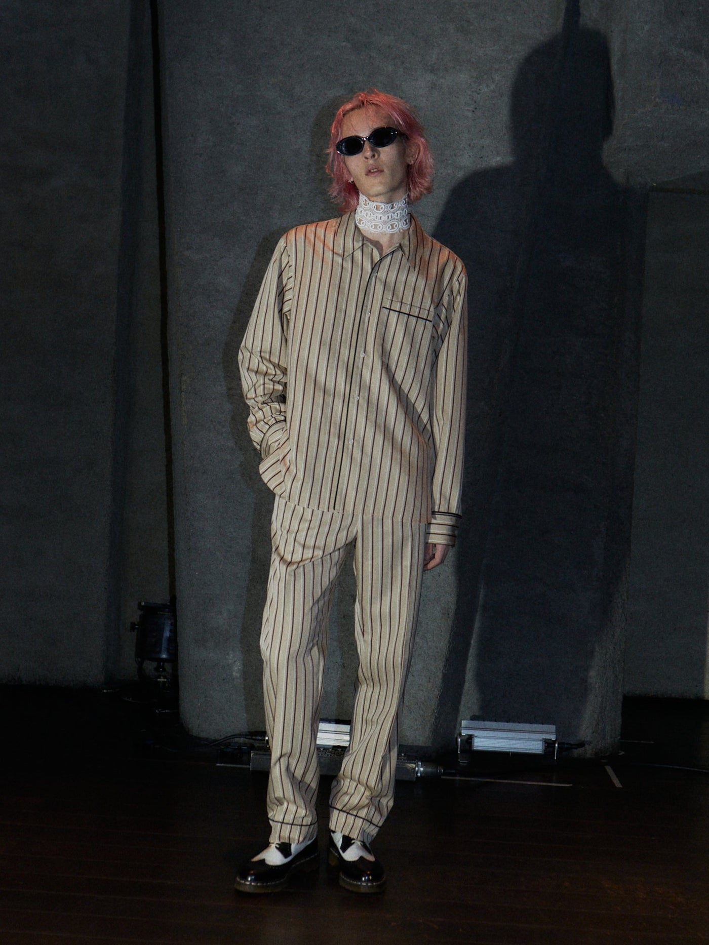 PINSTRIPE PAJAMA SHIRT【BEIGE×RED】