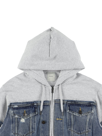 ＜UPCYCLED＞DENIM REBUILD HOODIE【GRAY】